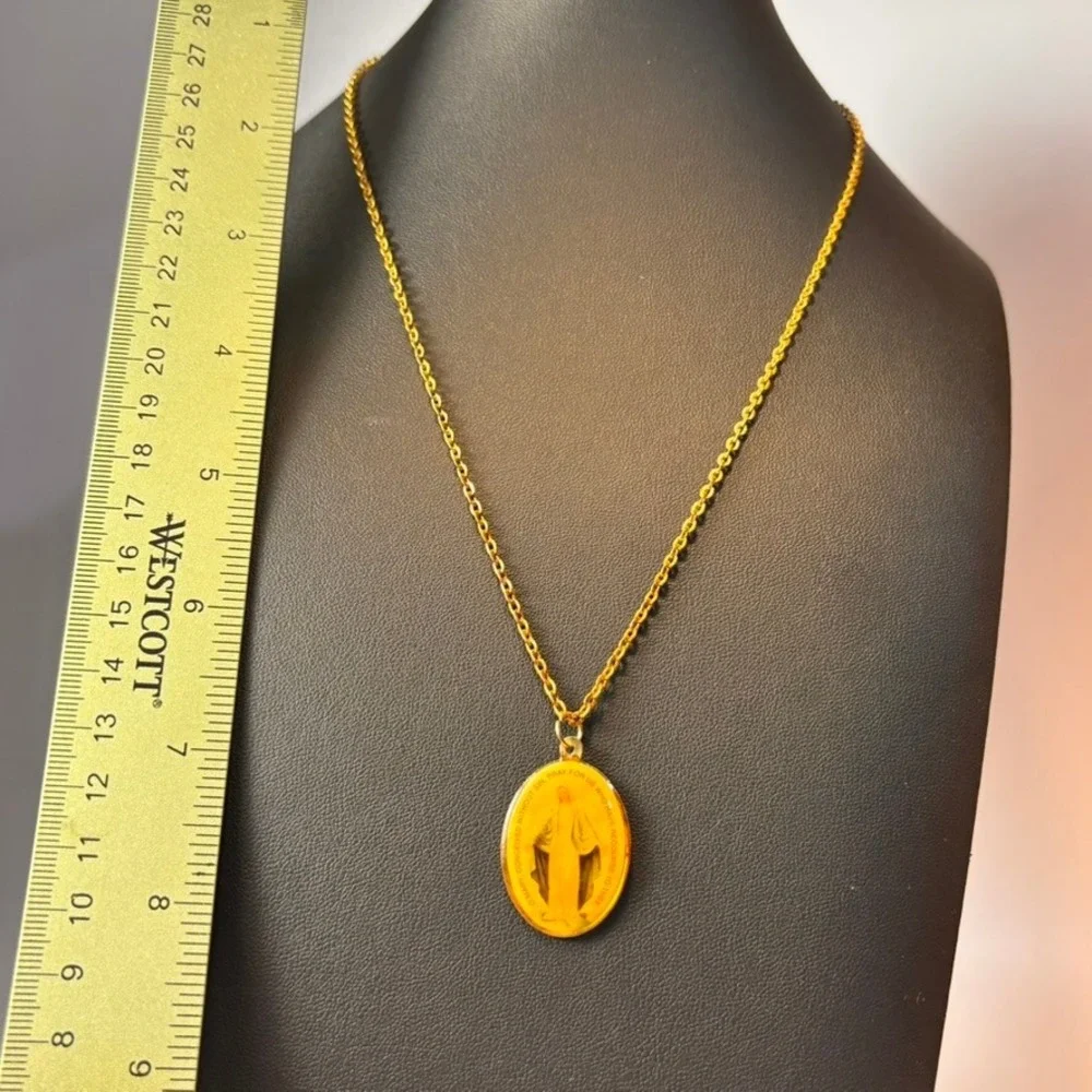 Vintage Miraculous Medal Necklace Gold Yellow Resin Religious Catholic Statement